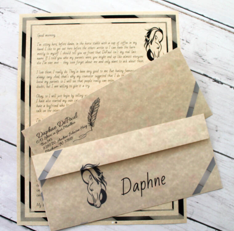 Daphne's Stationery Daphne DePaul textured tan stationery with horse illustration, envelope, and printed letter.