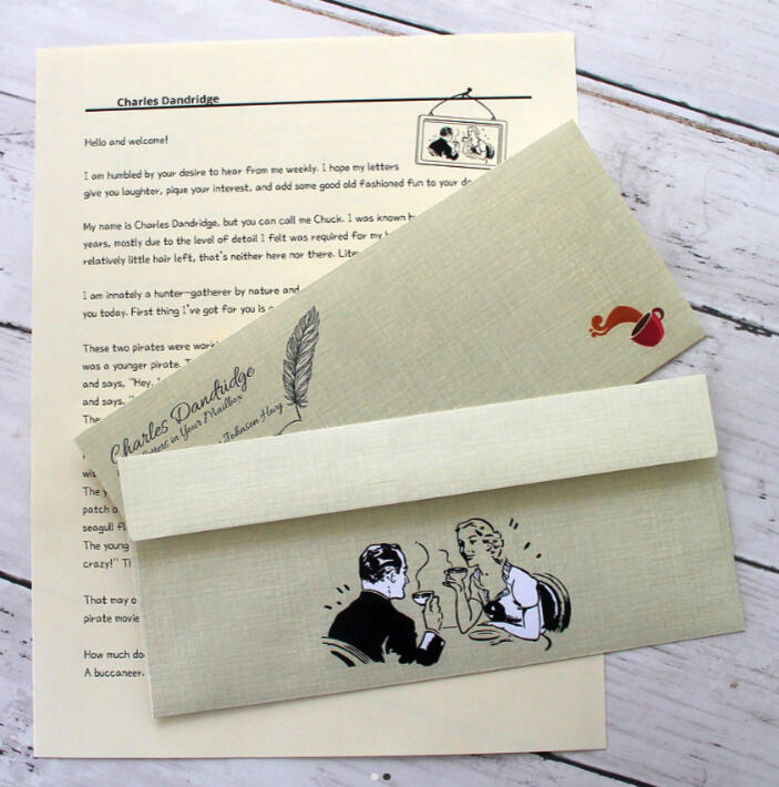 Charles' Stationery Charles Dandridge custom cream stationery with vintage illustration, envelope, and printed letter.